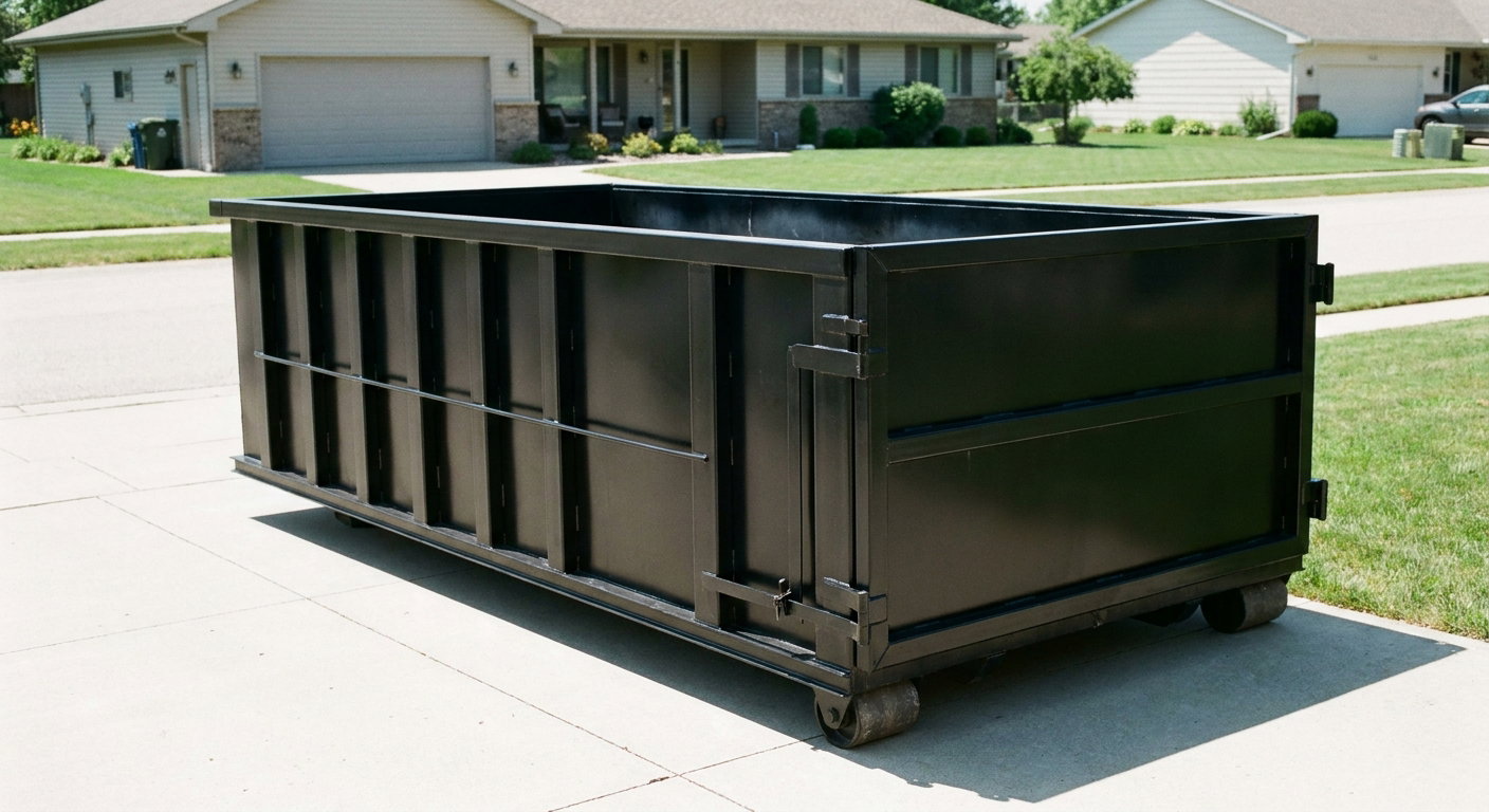 Matte-black 10-yard roll-off dumpster on a residential concrete driveway in Providence, uniformly painted matte black across every panel and rail, ribbed steel sidewalls and rear swing door visible, mid-day daylight.