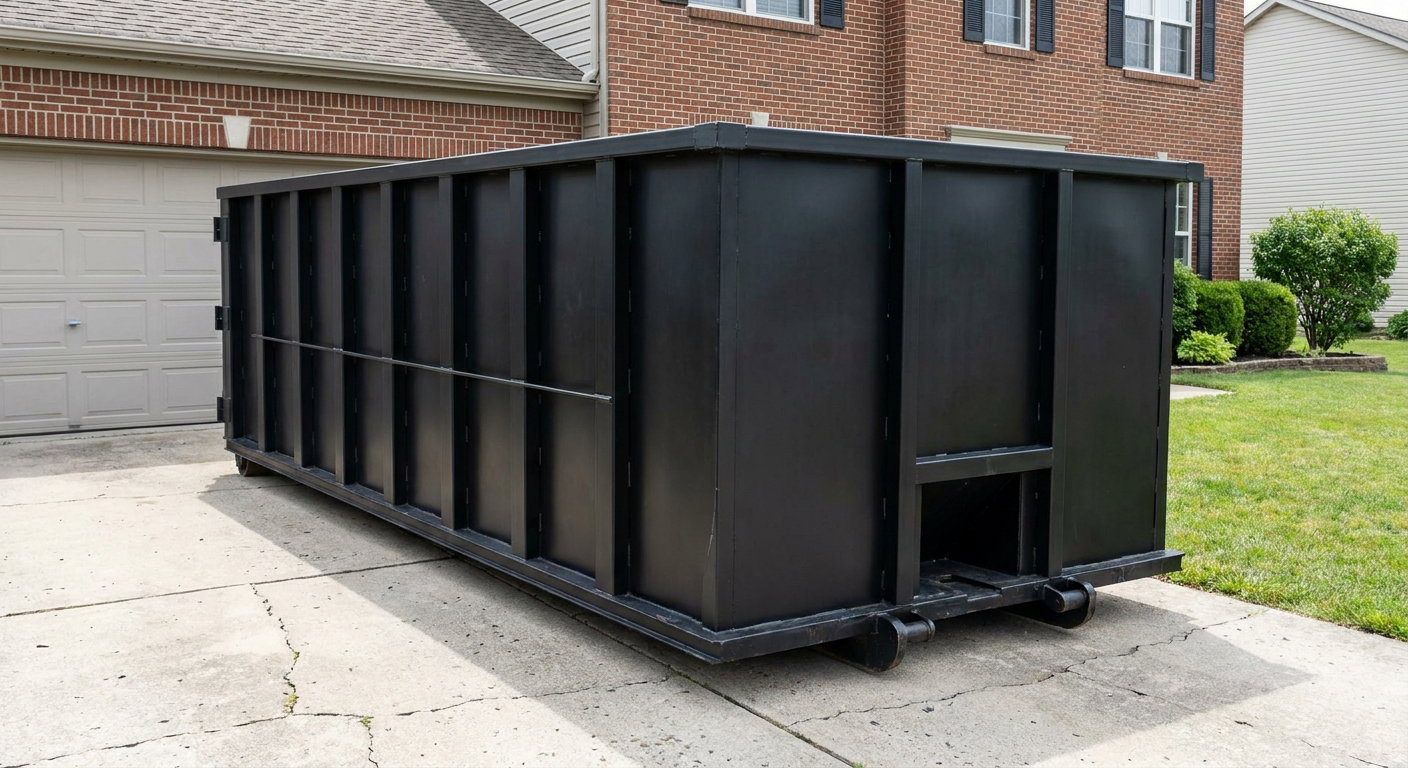 Matte-black 20-yard roll-off container on a Providence residential concrete driveway with reinforced ribbed steel sidewalls and a hinged rear walk-in door, clean bright daylight.