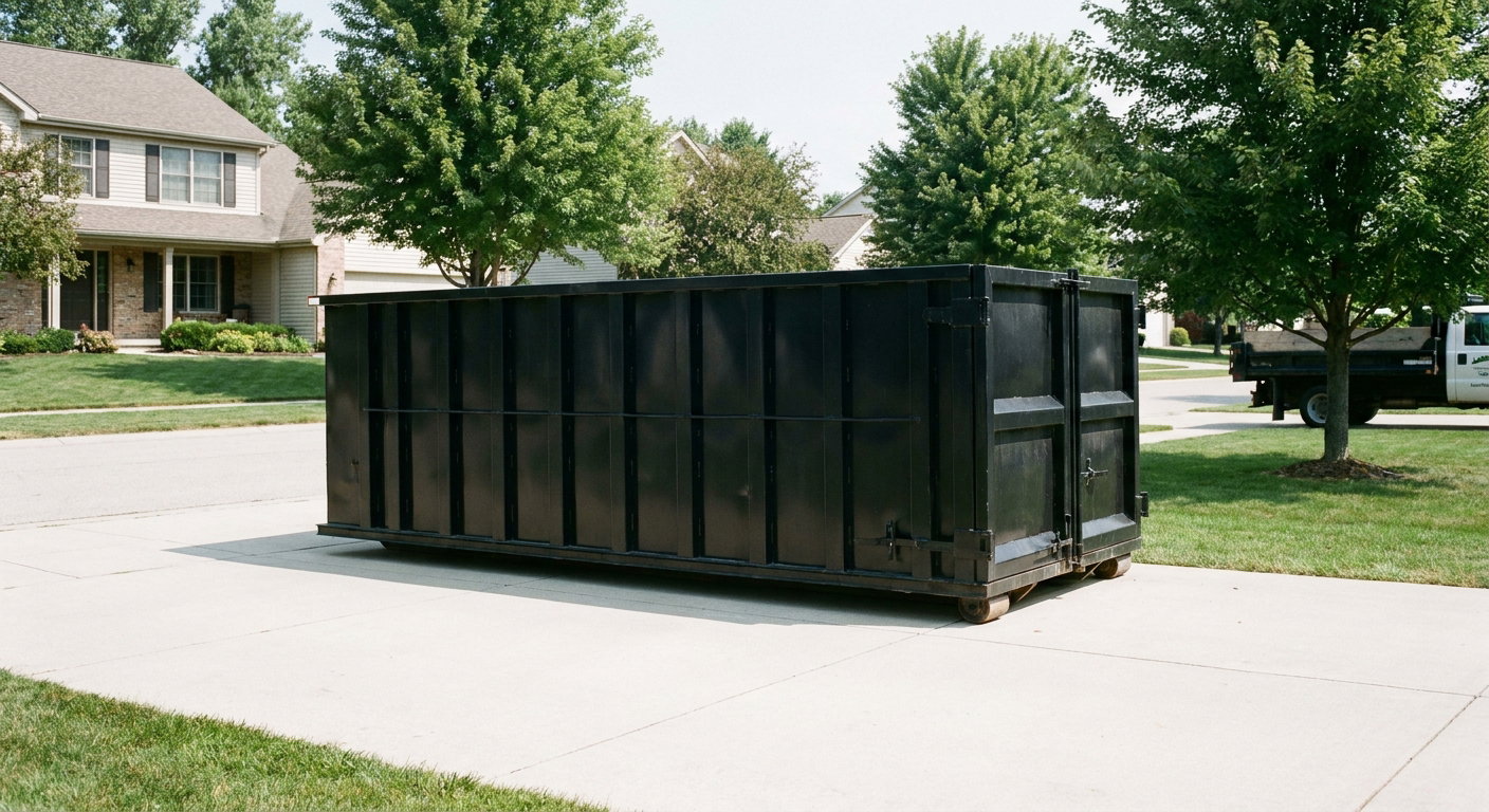 Matte-black 20-yard roll-off dumpster sitting level on a clean Providence residential concrete driveway under bright daylight, demonstrating clean placement directly on the concrete.