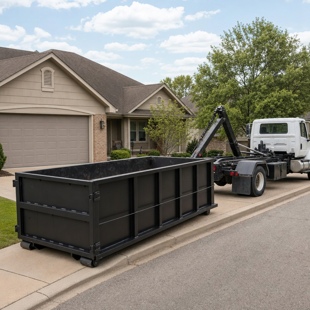 Wide documentary shot of a matte-black roll-off dumpster on a Providence residential driveway in the foreground and a contractor jobsite container in the soft-focus background, bright daylight, calm and orderly composition.
